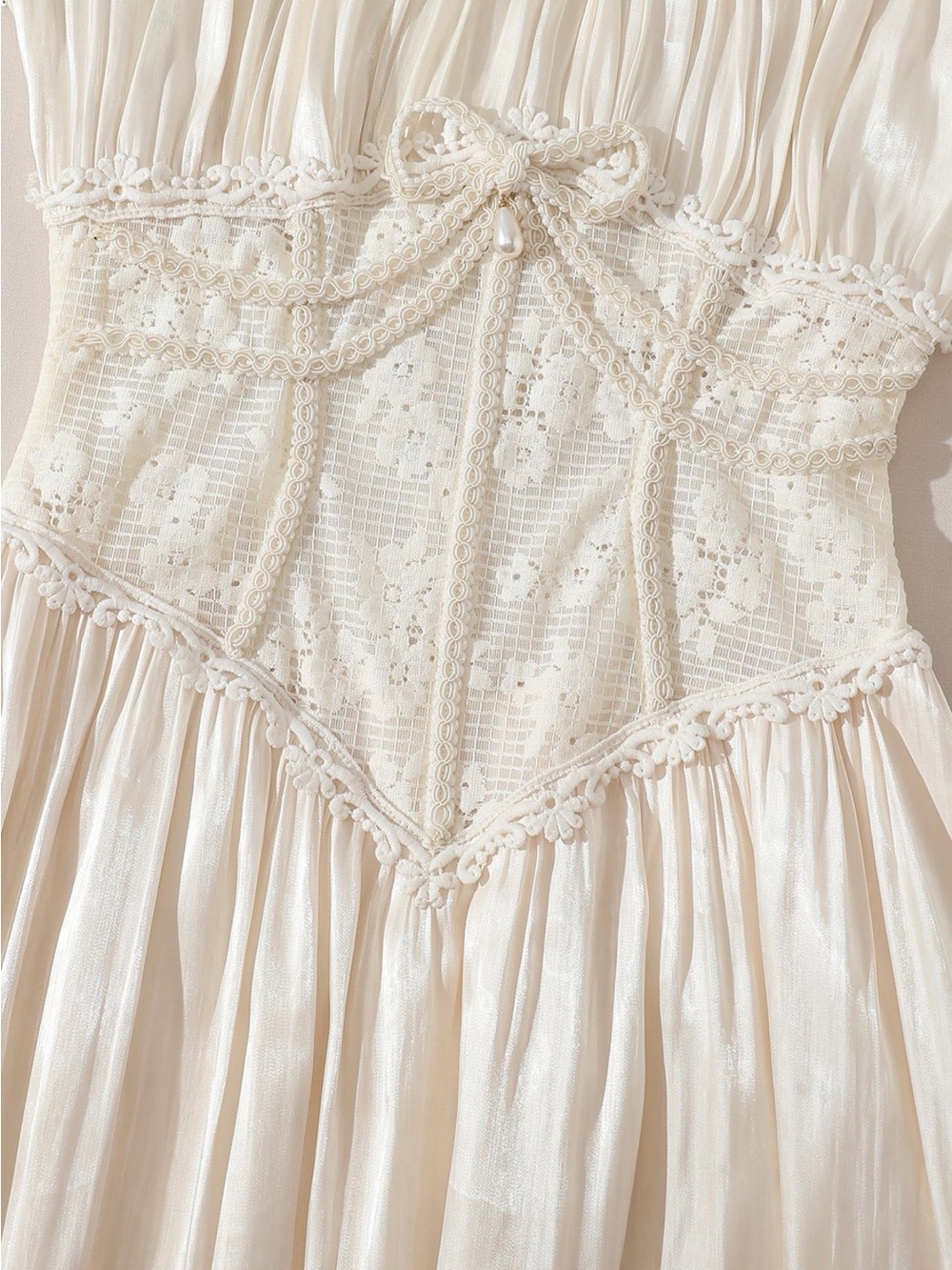 Elegant Ivory Satin Corset Midi Dress with Puff Sleeves - Picture 6 of 9